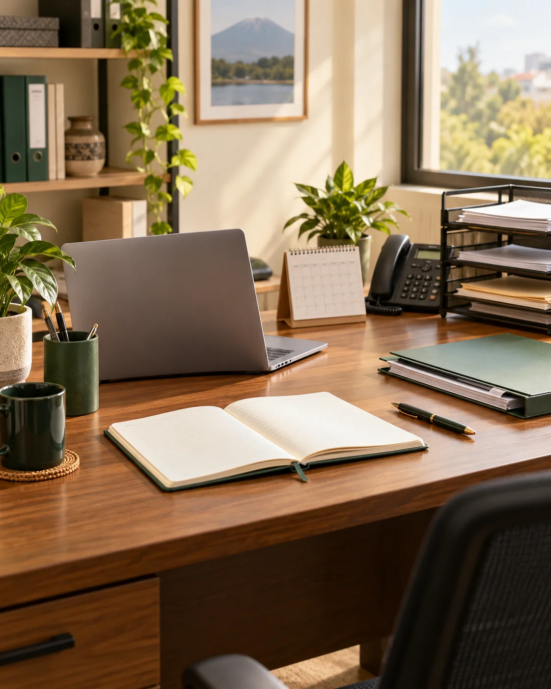 Office workspace with a laptop, telephone and organized documents
